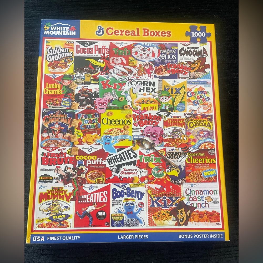 White Mountain Puzzle — Cereal Boxes Collage in Red, Yellow, Blue